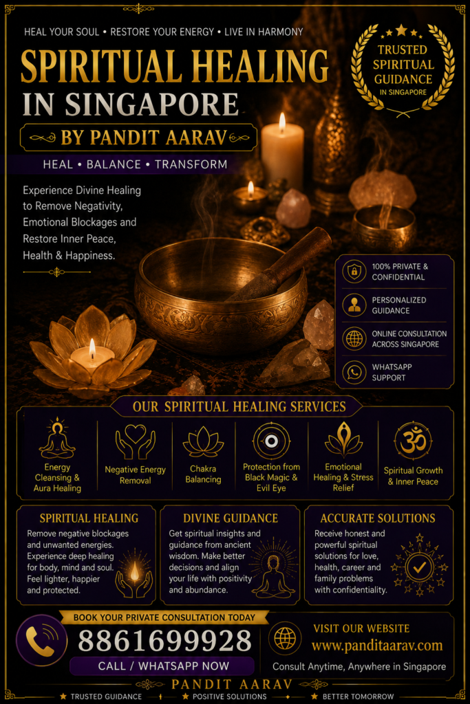 Professional Spiritual Healing in Singapore Spiritual healing is a holistic practice that focuses on restoring harmony between the mind, body, and spirit. In today's fast-paced world, many people experience stress, anxiety, emotional pain, negative thoughts, and a lack of inner peace. Pandit Aarav offers professional Spiritual Healing in Singapore, helping individuals reconnect with positive energy and emotional balance. Every healing session is designed to cleanse negative vibrations, strengthen spiritual energy, and promote overall well-being. Whether you are facing relationship issues, career challenges, financial difficulties, or emotional stress, spiritual healing can help you develop a more positive outlook on life. Pandit Aarav combines traditional spiritual knowledge with personalized guidance to support each client's unique needs. His compassionate approach ensures every consultation is conducted with complete confidentiality and respect. Clients from across Singapore seek his spiritual healing services to improve emotional stability, reduce stress, gain mental clarity, and achieve lasting inner peace. Through regular healing sessions, many individuals report feeling more confident, relaxed, and spiritually connected. Both in-person and online consultations are available, making it convenient for clients to receive expert spiritual guidance regardless of their location.