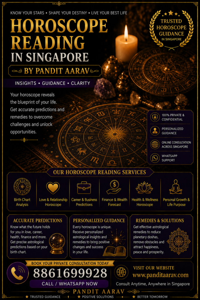 Accurate Horoscope Reading in Singapore with Pandit Aarav Horoscope reading is one of the most trusted branches of Vedic astrology, offering valuable insights into an individual's past, present, and future based on the position of planets at the time of birth. Pandit Aarav provides professional Horoscope Reading in Singapore, helping individuals understand important aspects of life such as love, marriage, career, business, education, health, finances, and family relationships. By carefully analyzing your birth chart (Kundli), planetary positions, and astrological influences, he provides personalized guidance to help you make informed decisions and overcome life's challenges. Whether you are planning your career, preparing for marriage, starting a new business, or seeking answers to personal concerns, horoscope reading can provide clarity and confidence. Every consultation is conducted with complete privacy, ensuring clients receive honest, compassionate, and practical advice tailored to their unique life journey. With years of experience in Vedic astrology, Pandit Aarav helps clients across Singapore gain a deeper understanding of their destiny and make positive choices for a brighter future. Personalized Horoscope Reading for Love, Career, Marriage, and Business