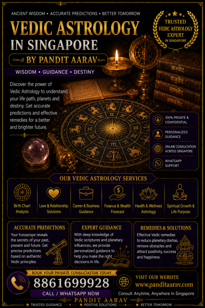Vedic Astrology in Singapore – Pandit Aarav Experience Authentic Vedic Astrology in Singapore with Pandit Aarav Vedic Astrology, also known as Jyotish Shastra, is one of the oldest and most respected sciences in the world. Rooted in ancient Indian traditions, it helps individuals understand their life's purpose, personality, strengths, challenges, and future opportunities through the study of planetary positions at the time of birth. Pandit Aarav is a trusted Vedic Astrologer in Singapore, offering personalized astrology consultations to help individuals make informed decisions in every aspect of life. Whether you are facing difficulties in love, marriage, career, business, education, finances, or health, Vedic astrology provides valuable insights and practical guidance. By carefully analyzing your birth chart (Kundli), planetary movements, and astrological combinations, Pandit Aarav identifies both favorable and challenging periods in your life. Every consultation is conducted with honesty, confidentiality, and compassion, ensuring that clients receive accurate guidance tailored to their unique circumstances. His goal is to help people gain clarity, confidence, and peace of mind while navigating life's important decisions through the wisdom of authentic Vedic astrology. Personalized Vedic Astrology Consultation for Every Stage of Life Every individual has a unique birth chart that reflects their life journey and potential. Pandit Aarav believes that astrology should never offer one-size-fits-all predictions. Instead, he provides personalized Vedic Astrology consultations in Singapore based on your date, time, and place of birth. During the consultation, he carefully studies your horoscope to understand your strengths, weaknesses, opportunities, and life challenges. His guidance covers love and relationship compatibility, marriage prospects, career growth, business success, financial planning, education, property investments, family harmony, and overall well-being. If you are experiencing delays in marriage, uncertainty in your career, financial setbacks, or relationship conflicts, Vedic astrology can help identify the planetary influences behind these situations. Pandit Aarav also offers practical astrological remedies and spiritual guidance to help clients overcome obstacles and make positive life choices. His detailed consultations empower individuals to understand their life path while making confident decisions for the future. Benefits of Consulting a Vedic Astrologer in Singapore Vedic astrology is more than predicting future events—it is a powerful tool for self-awareness, personal development, and better decision-making. Consulting Pandit Aarav for Vedic Astrology in Singapore allows clients to gain deeper insights into their personalities, emotional patterns, relationships, and life purpose. Many people seek Vedic astrology before making important decisions such as changing careers, starting a business, purchasing property, choosing a life partner, or relocating. Through a comprehensive horoscope analysis, Pandit Aarav identifies favorable periods for success and warns about potential challenges that may require careful planning. His consultations help clients improve relationships, manage stress, strengthen confidence, and understand how planetary influences affect different areas of life. By explaining astrological concepts in a simple and practical way, he ensures that clients leave every consultation with greater clarity and confidence. Whether you choose an in-person or online consultation, his professional guidance is designed to support your long-term growth and happiness.